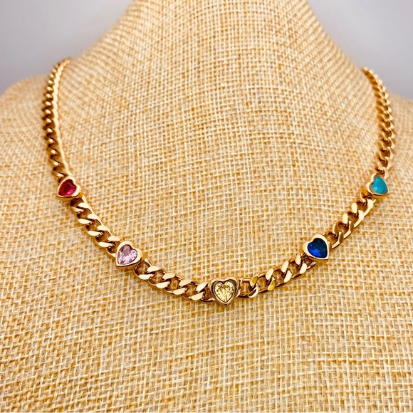 Fabulous Cuban Link Studded Colorful Hearts CZ Necklace in Gold - Picture 2 of 9